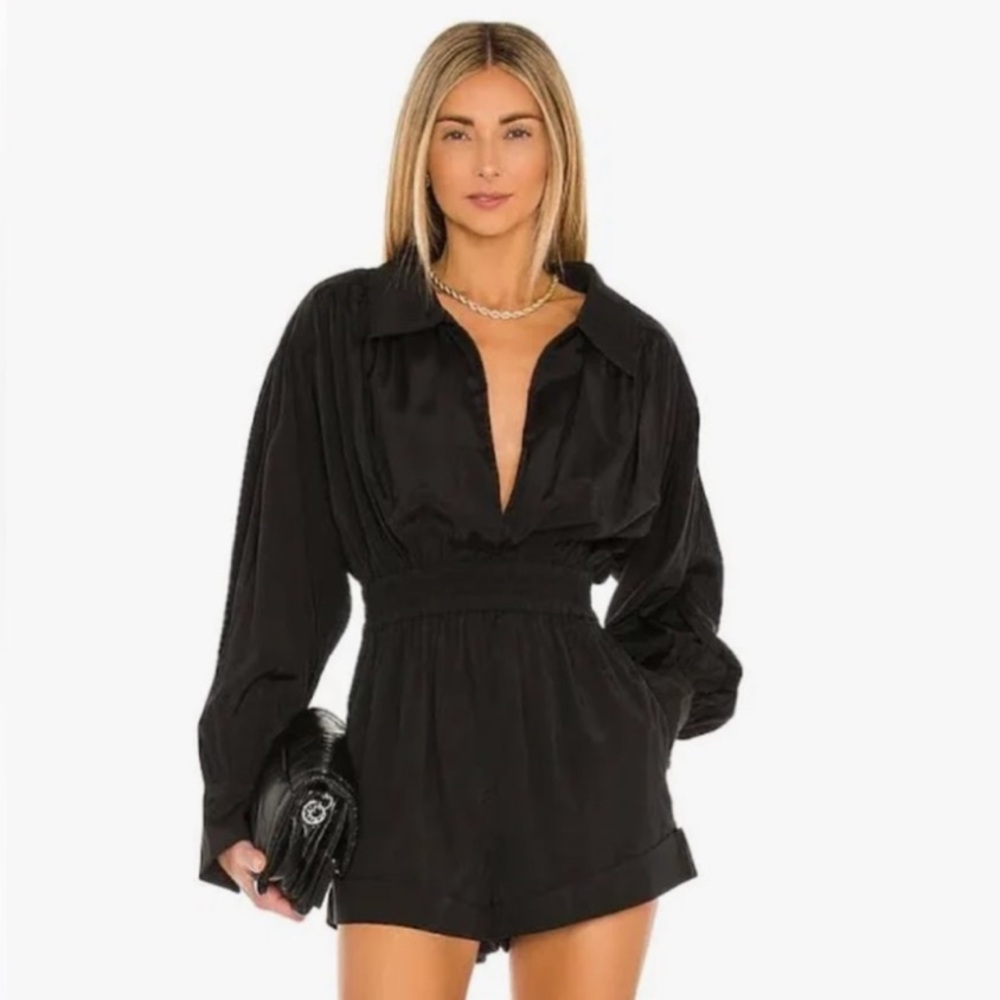 L'Academie Black Long Sleeve Romper with Deep V-Cut and Fitted Waist